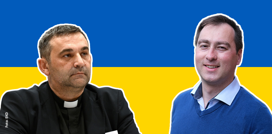 Pfarrer Alexander Groß und Vladimier Kmec vor der Ukrainischen Flagge. Foto Alexander Gross: EKD